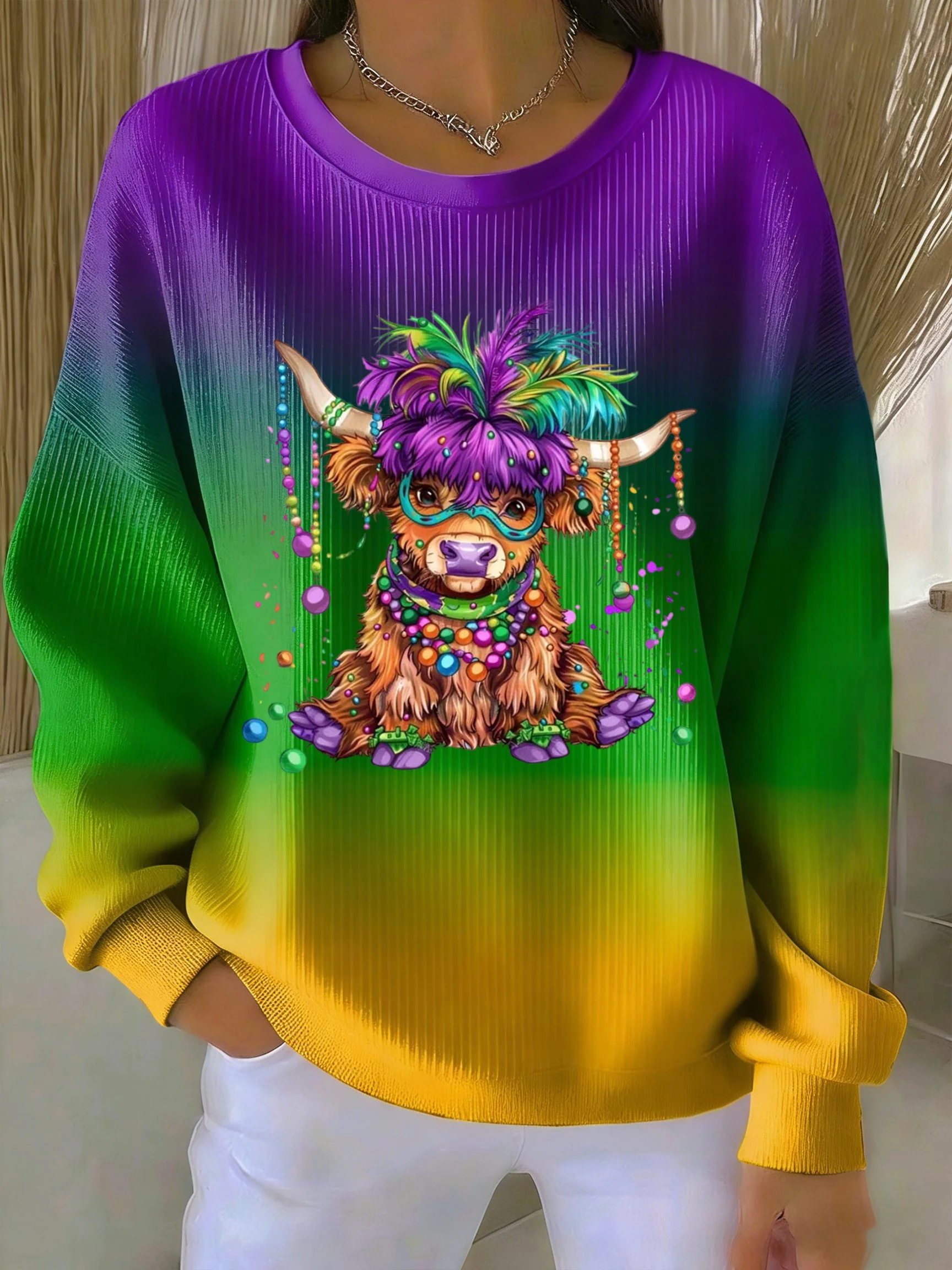 Women's Mardi Gras Print Round Neck Sweatshirt
