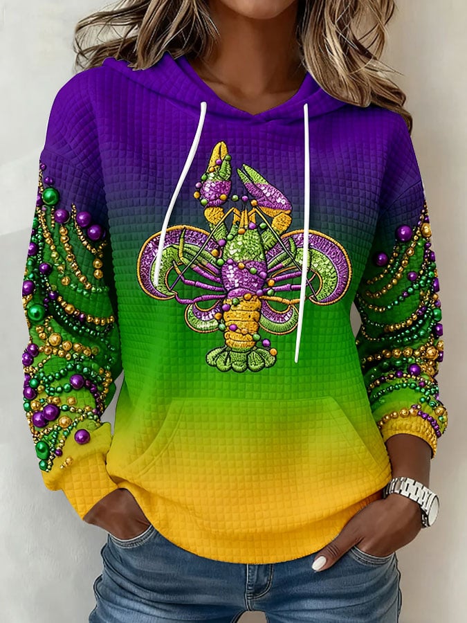 Women's Mardi Gras Print Waffle Fabric Hooded Sweatshirt