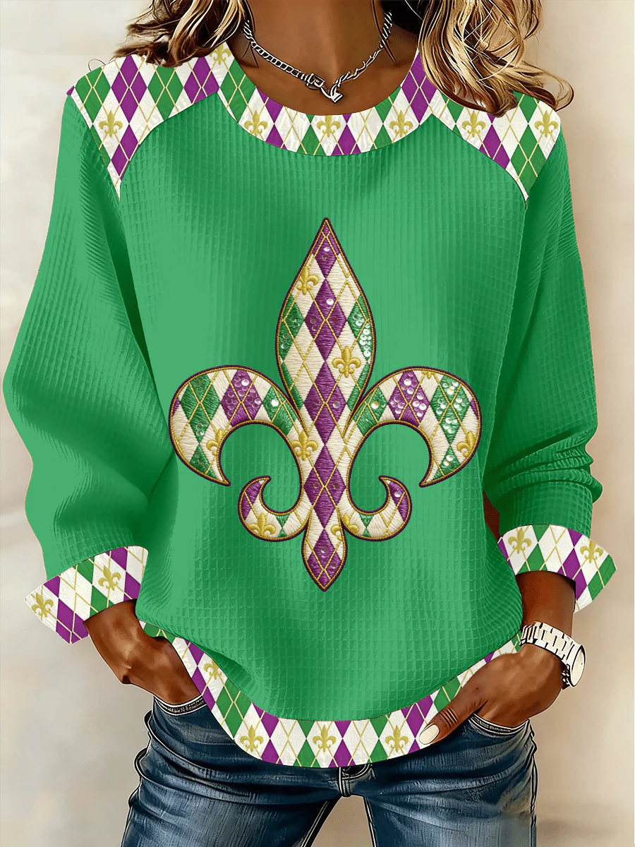 Women's Mardi Gras Print Waffle Sweatshirt - Image 2