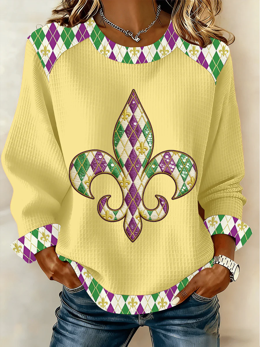 Women's Mardi Gras Print Waffle Sweatshirt - Image 3