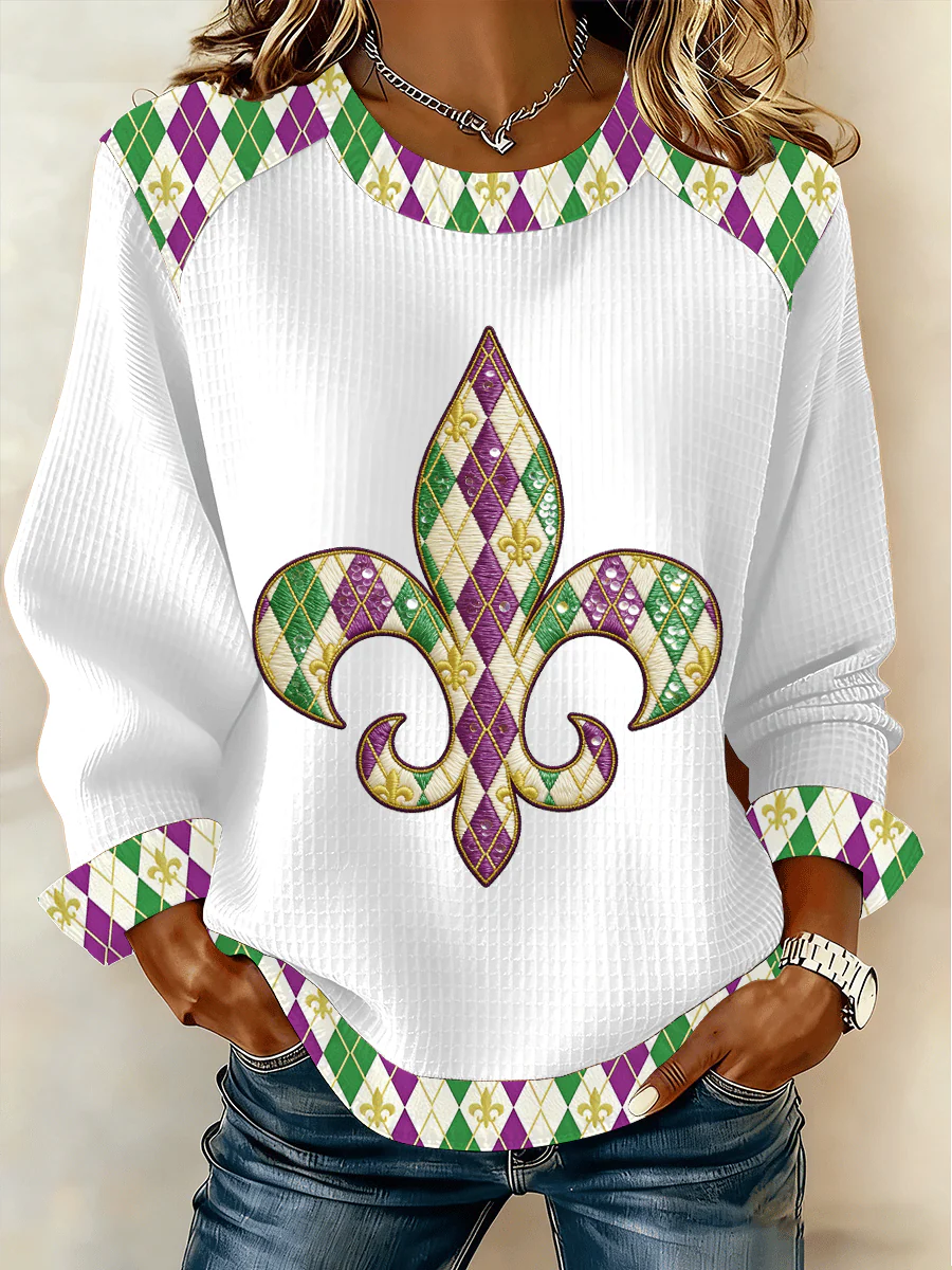 Women's Mardi Gras Print Waffle Sweatshirt - Image 5