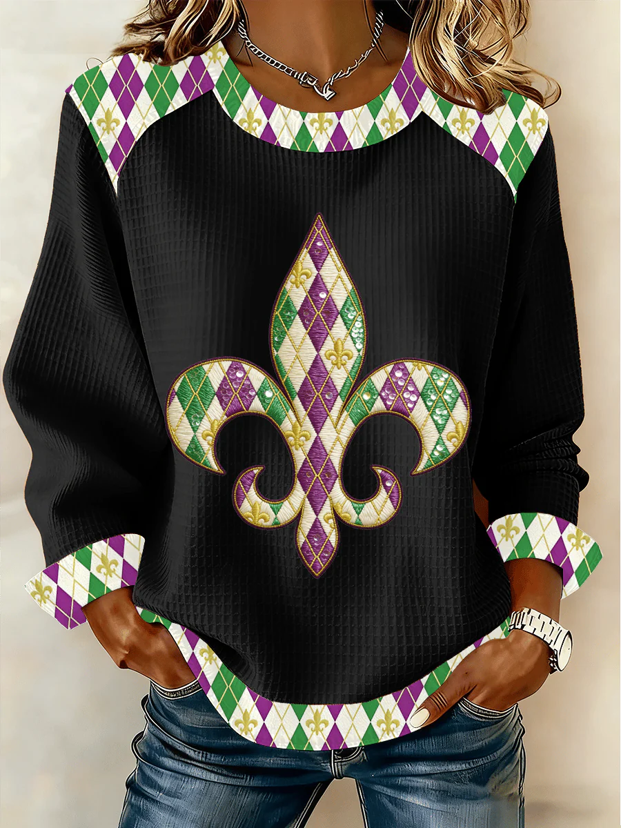 Women's Mardi Gras Print Waffle Sweatshirt - Image 6