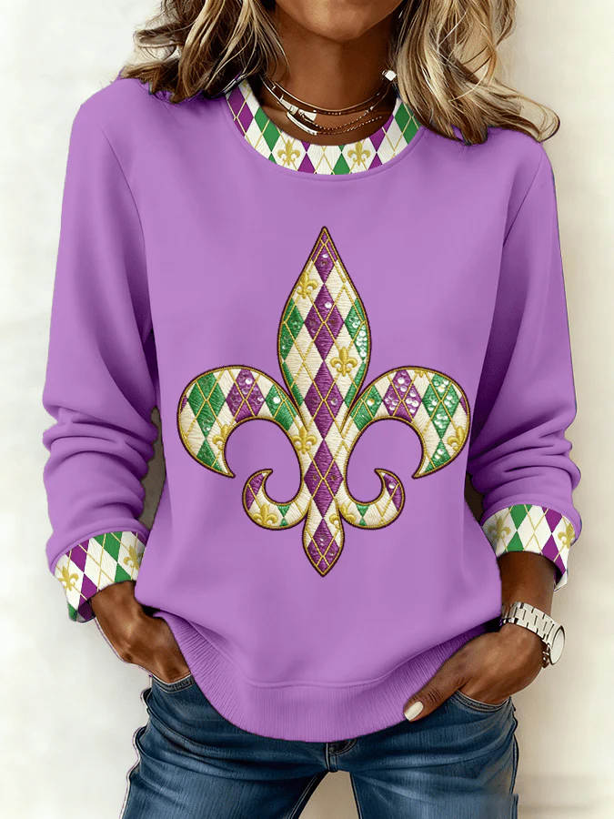 Women's Mardi Gras Printed Crew Neck Sweatshirt