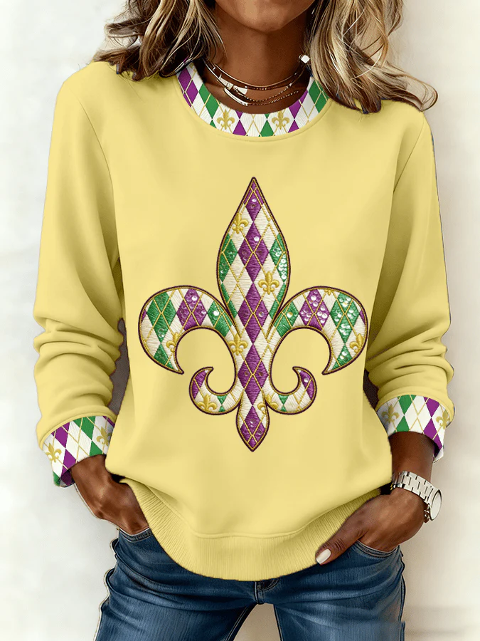Women's Mardi Gras Printed Crew Neck Sweatshirt - Image 2