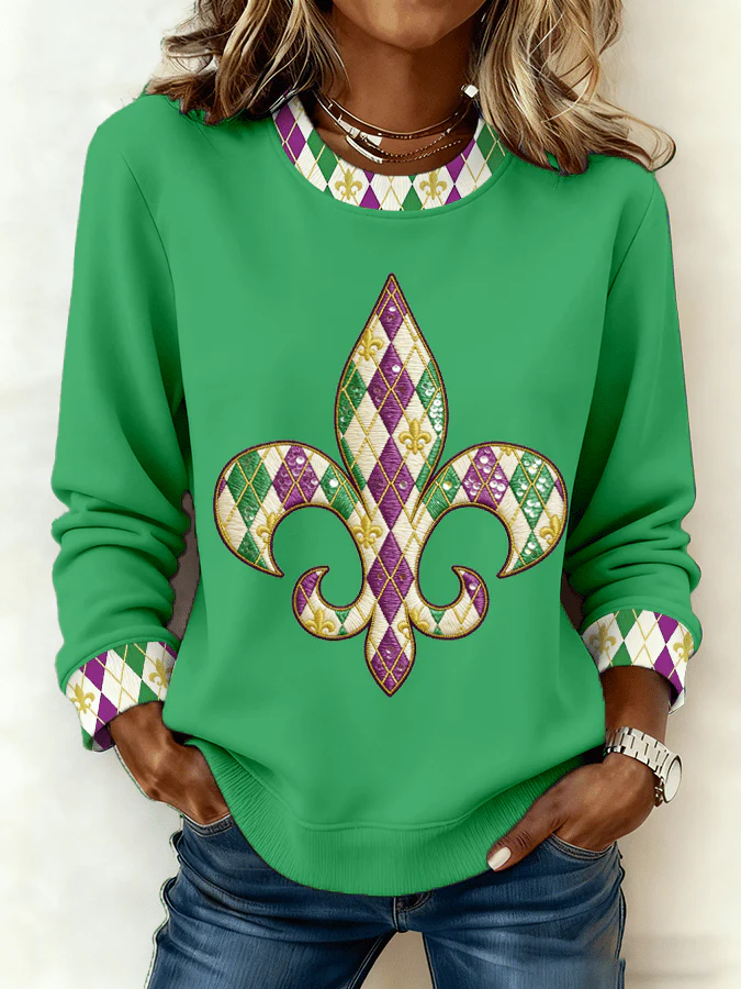 Women's Mardi Gras Printed Crew Neck Sweatshirt - Image 3