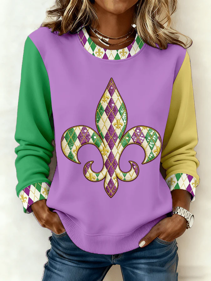 Women's Mardi Gras Printed Crew Neck Sweatshirt - Image 4