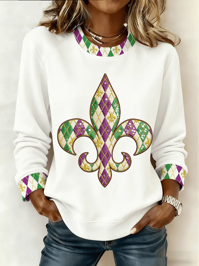 Women's Mardi Gras Printed Crew Neck Sweatshirt - Image 5