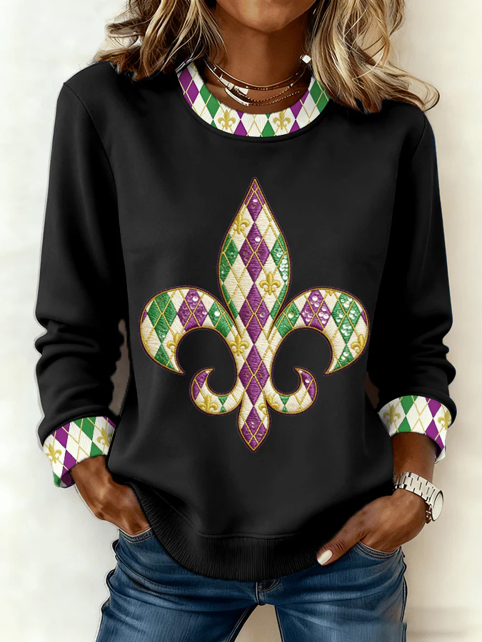 Women's Mardi Gras Printed Crew Neck Sweatshirt - Image 6