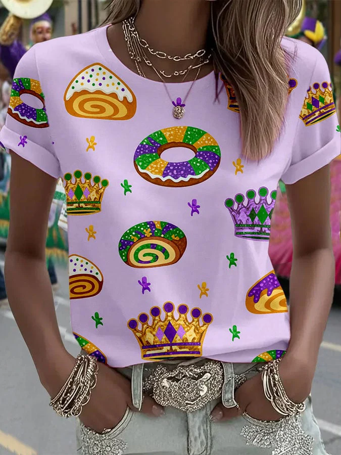 Women's Mardi Gras Printed Round Neck T-Shirt