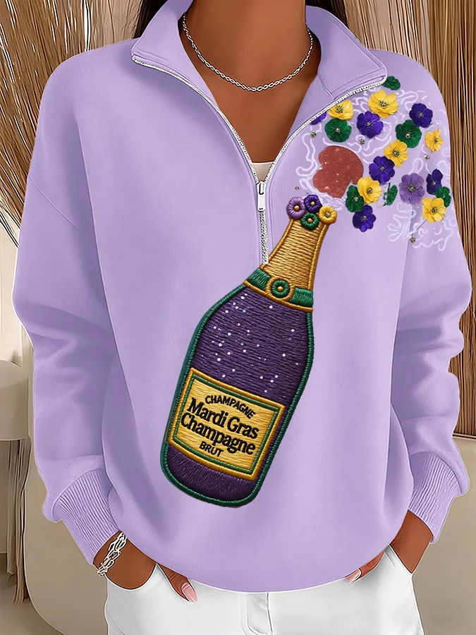 Women's Mardi Gras Printed Zip-Up Stand-Collar Sweatshirt
