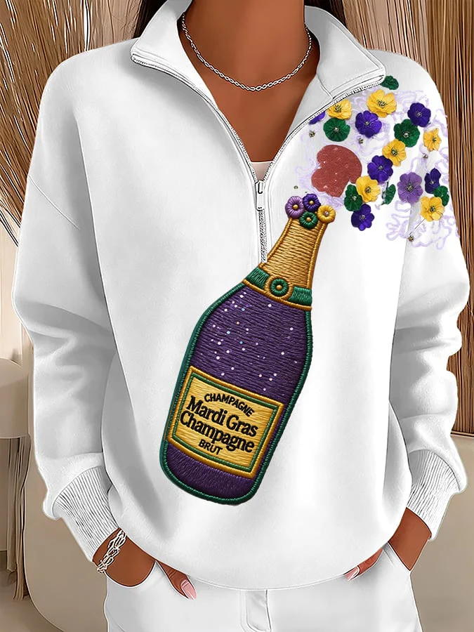 Women's Mardi Gras Printed Zip-Up Stand-Collar Sweatshirt - Image 2