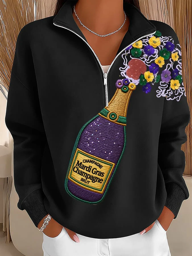 Women's Mardi Gras Printed Zip-Up Stand-Collar Sweatshirt - Image 3