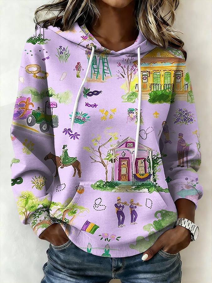 Women's Mardi Gras Retro Print Long Sleeve Hooded Sweatshirt
