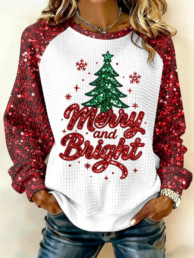 Women's Merry And Bright Print Raglan Sleeve Sweatshirt - Image 2