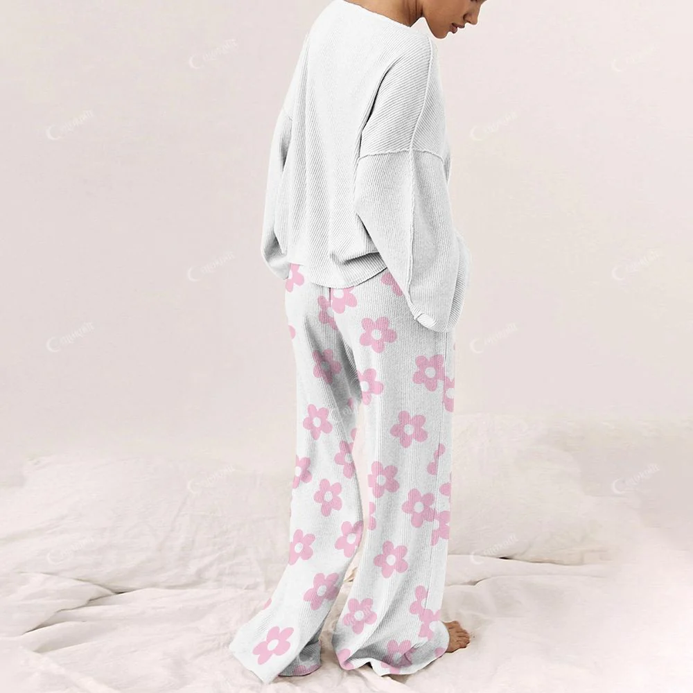 Women's Merry Christmas Little Flower Print Long Sleeve Pajama Set - Image 2