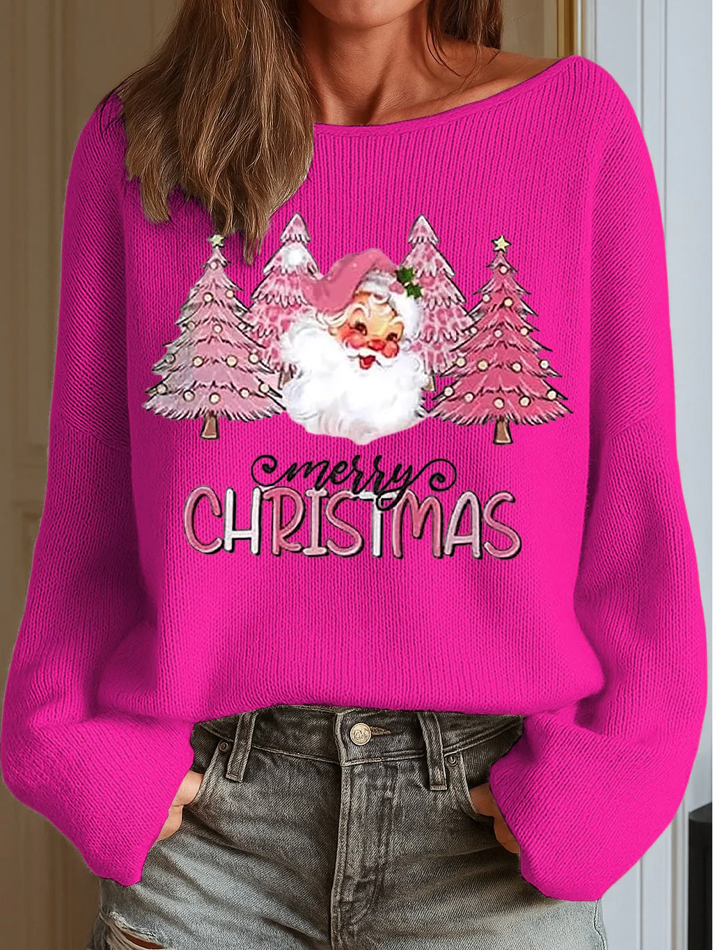 Women's Merry Christmas Print Knit Top - Image 5