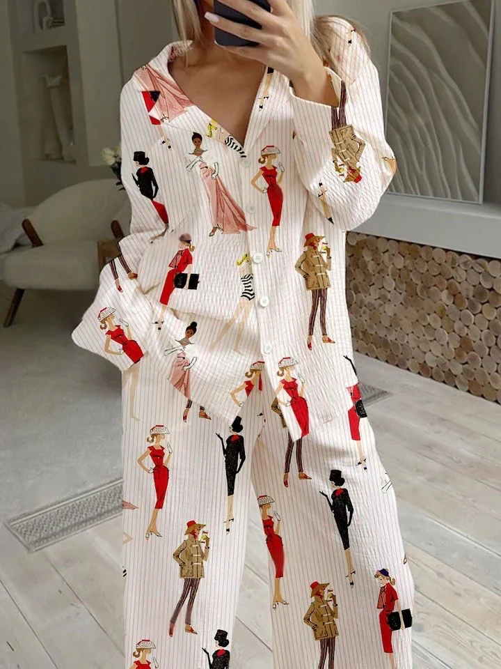 Women's Miss Santa Striped Print Cotton Cardigan Homewear Set