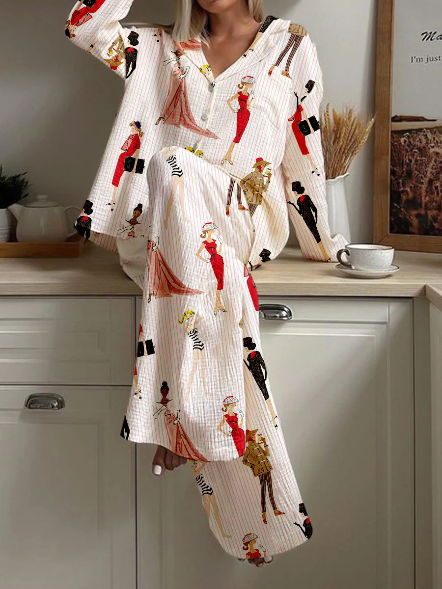 Women's Miss Santa Striped Print Cotton Cardigan Homewear Set - Image 2