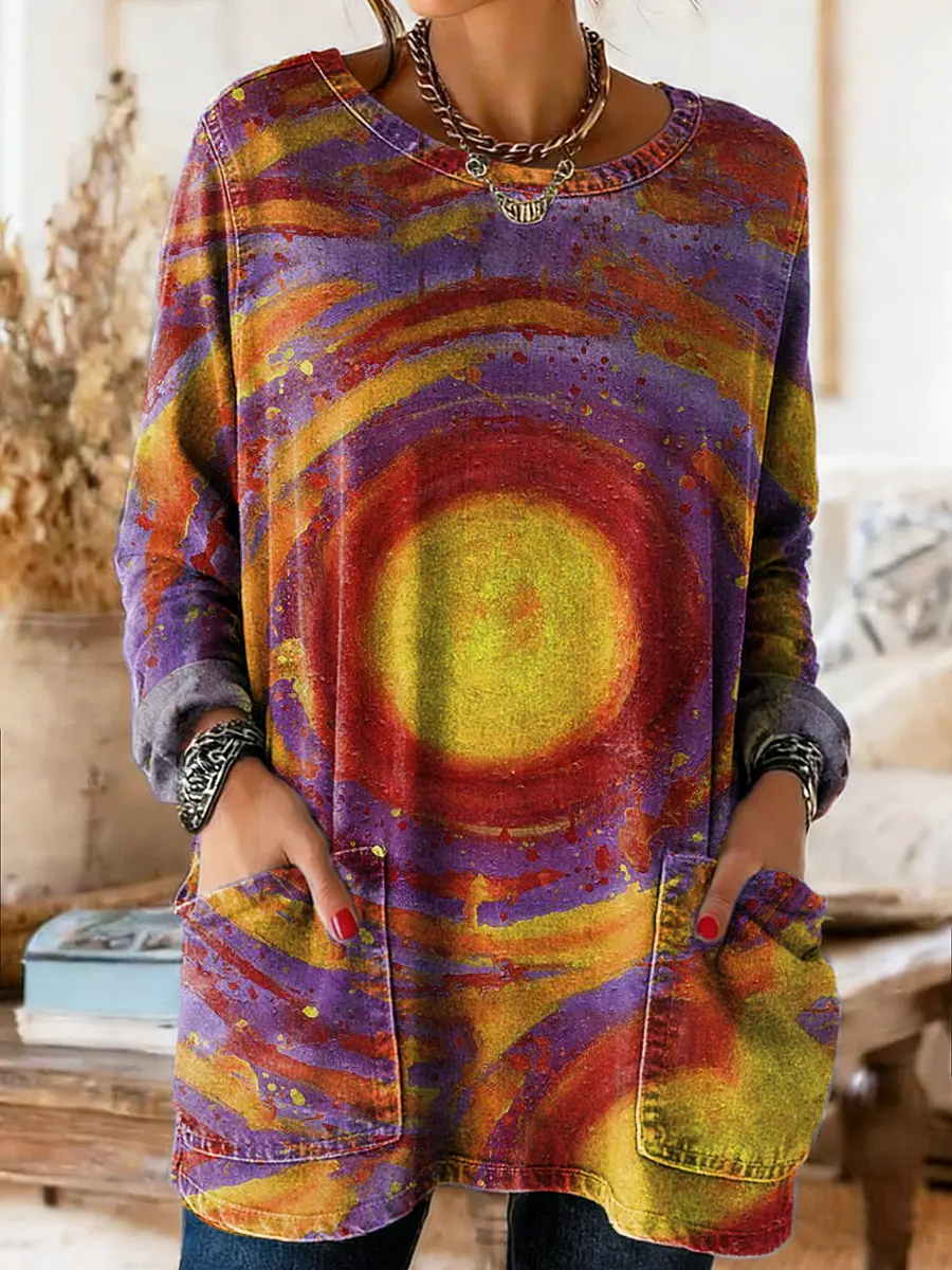 Women's Multicolor Watercolor Pattern Art Print Casual Long-sleeve Crew Neck Pocket Cotton Denim T-shirt