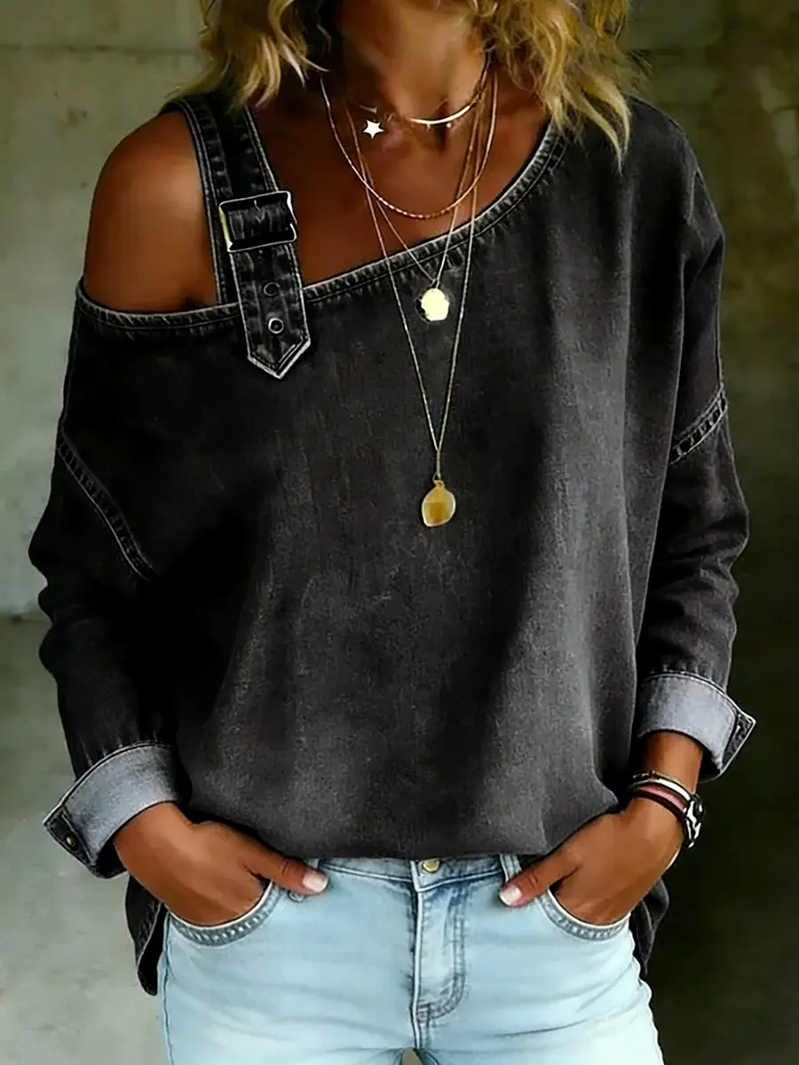 Women's Off-Shoulder Cotton Denim Casual Top - Image 2