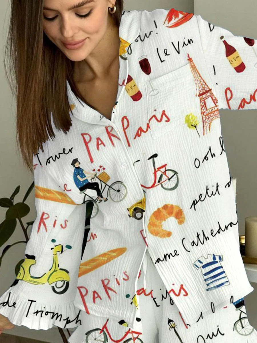 Women's Paris Travel Pink Pajama Set - Image 2
