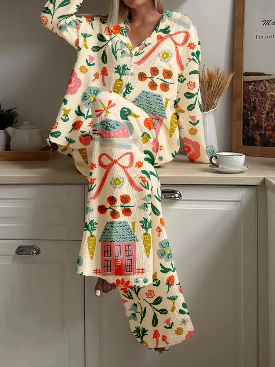 Women's Pastoral Floral Bow Print Cotton Homewear Set - Image 2