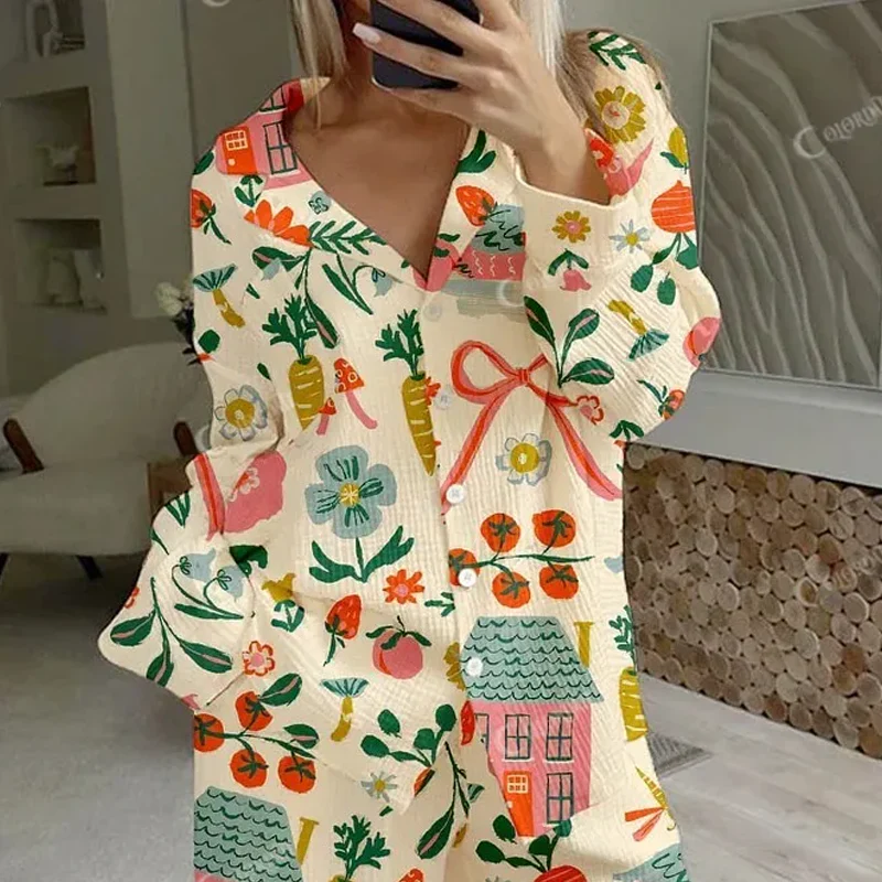 Women's Pastoral Floral Bow Print Cotton Homewear Set - Image 3