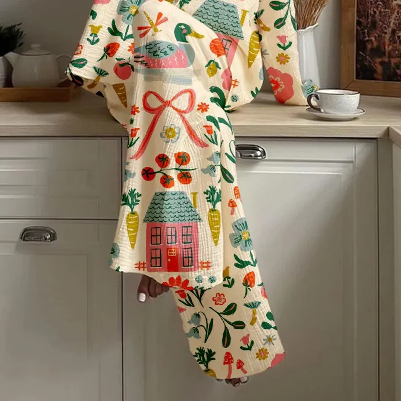 Women's Pastoral Floral Bow Print Cotton Homewear Set - Image 4