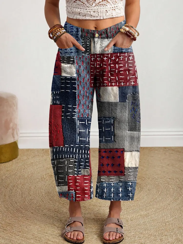Women's Patchwork Pattern Art Print Jeans