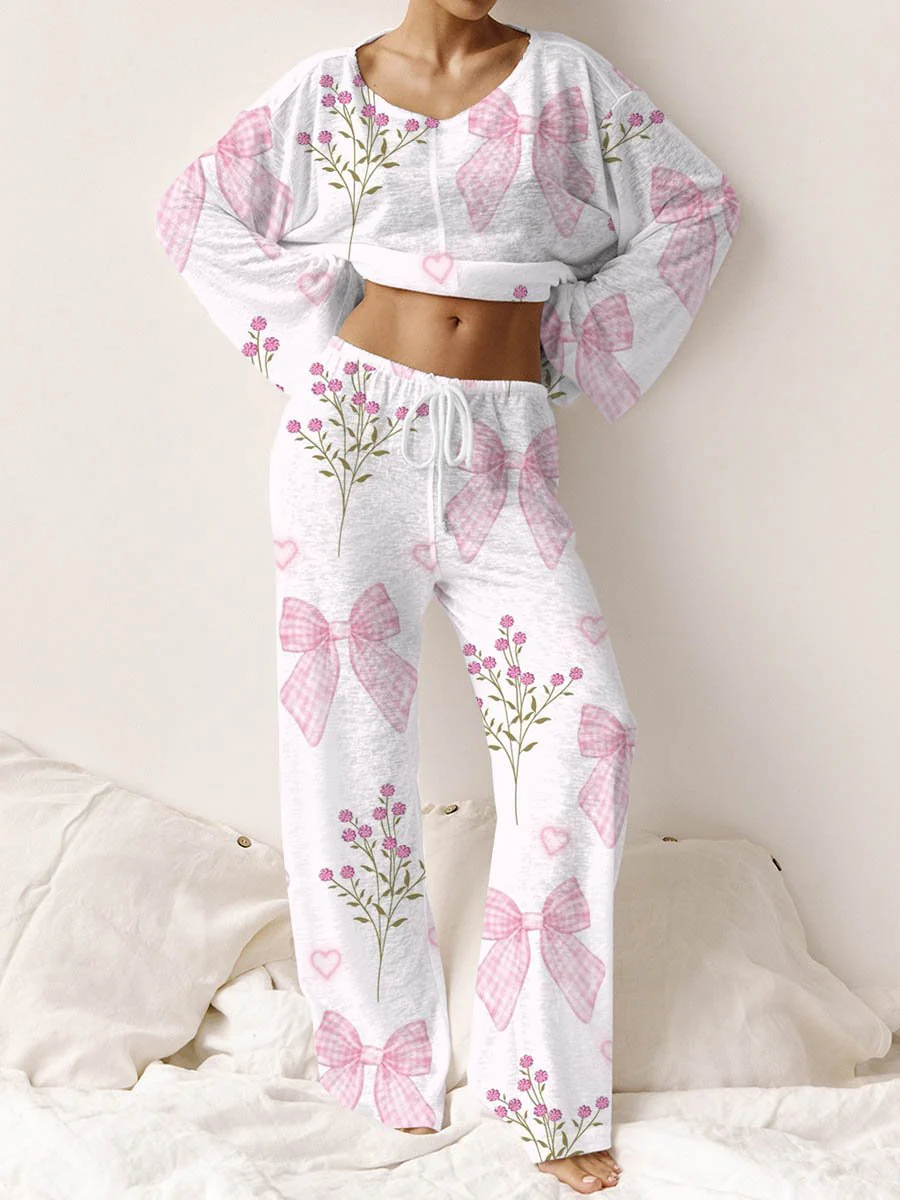 Women's Pink Bow Flower Printed Loungewear Set - Image 2