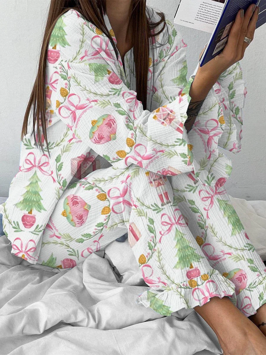 Women's Christmas Pink Bow Nutcracker Print Linen Cotton Suit - Image 2