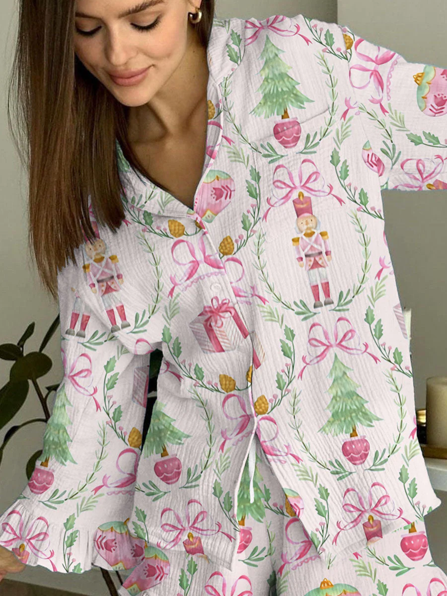 Women's Christmas Pink Bow Nutcracker Print Linen Cotton Suit - Image 3
