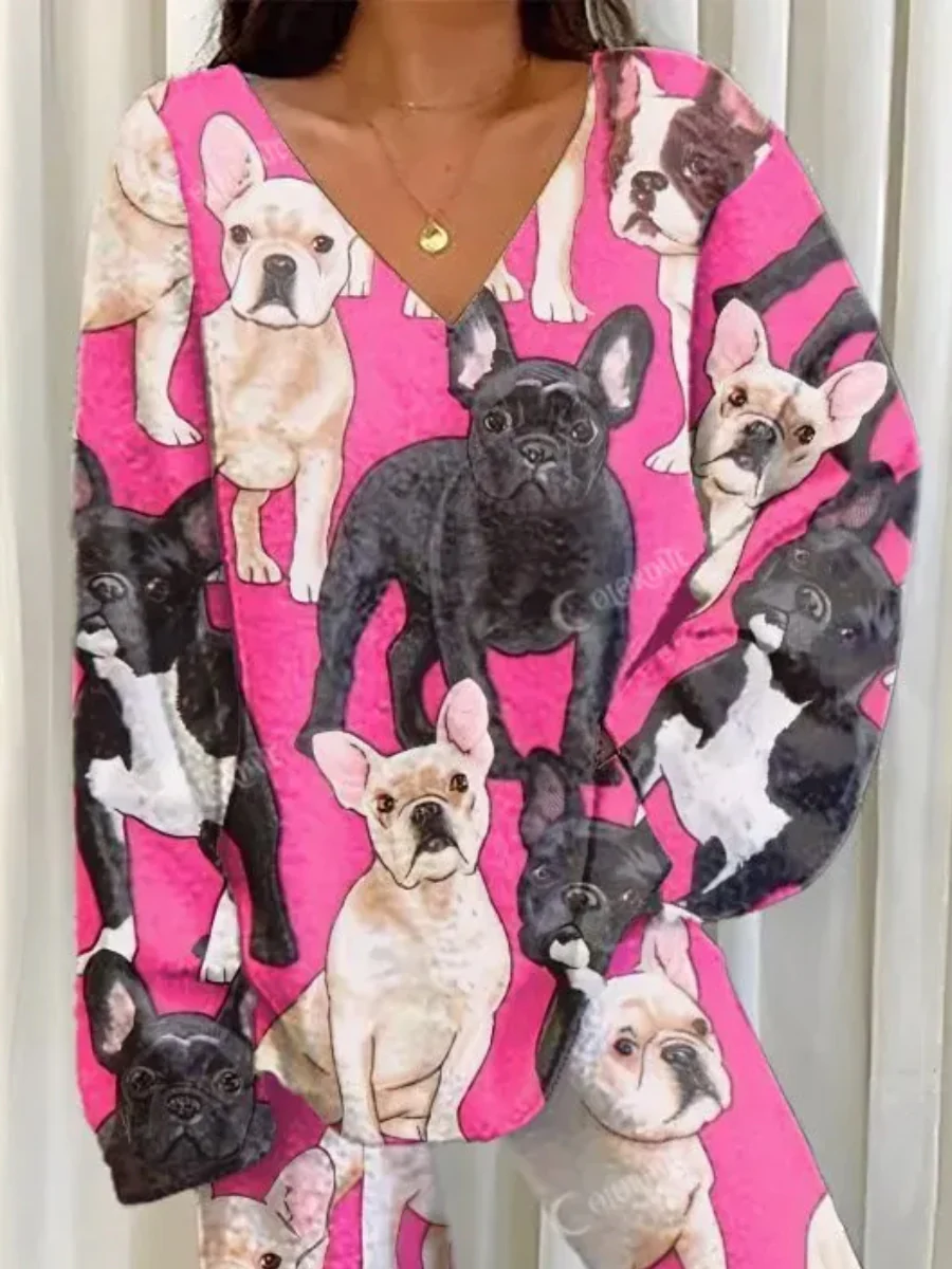 Women's Pink Bulldog Print Fleece Suit - Image 3