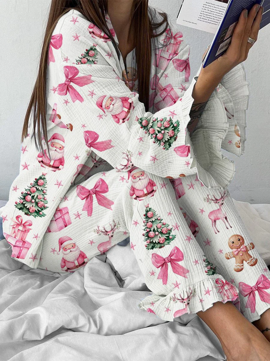 Women's Pink Christmas Bow Printed Long Sleeve Home Suit - Image 2