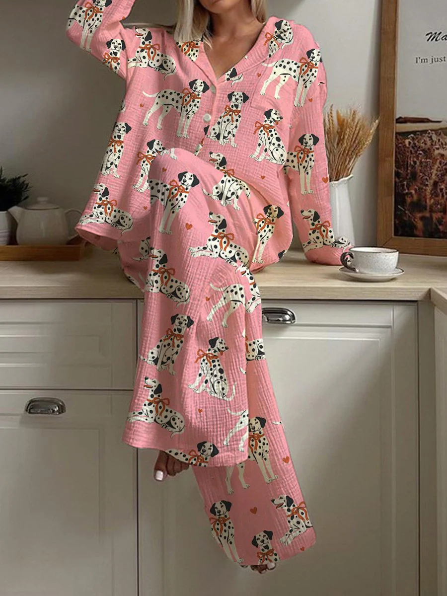 Women's Pink Christmas Cute Animal Fun Print Home Long Sleeve Suit