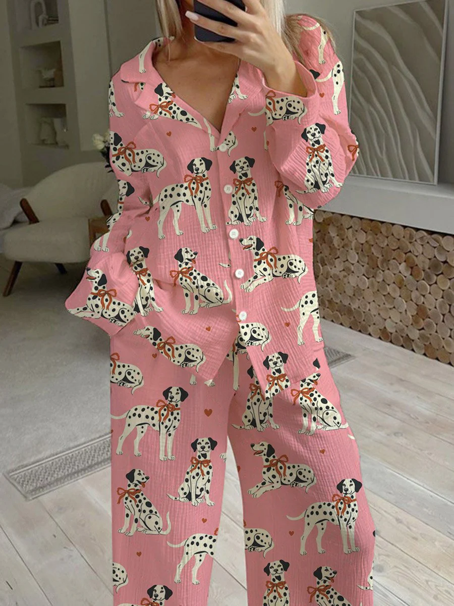 Women's Pink Christmas Cute Animal Fun Print Home Long Sleeve Suit - Image 2