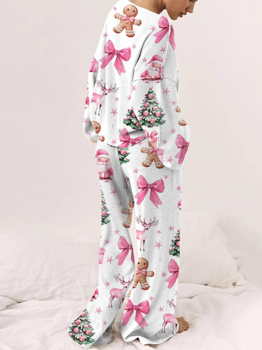 Women's Pink Christmas Print Long Sleeve Lounge Set - Image 2