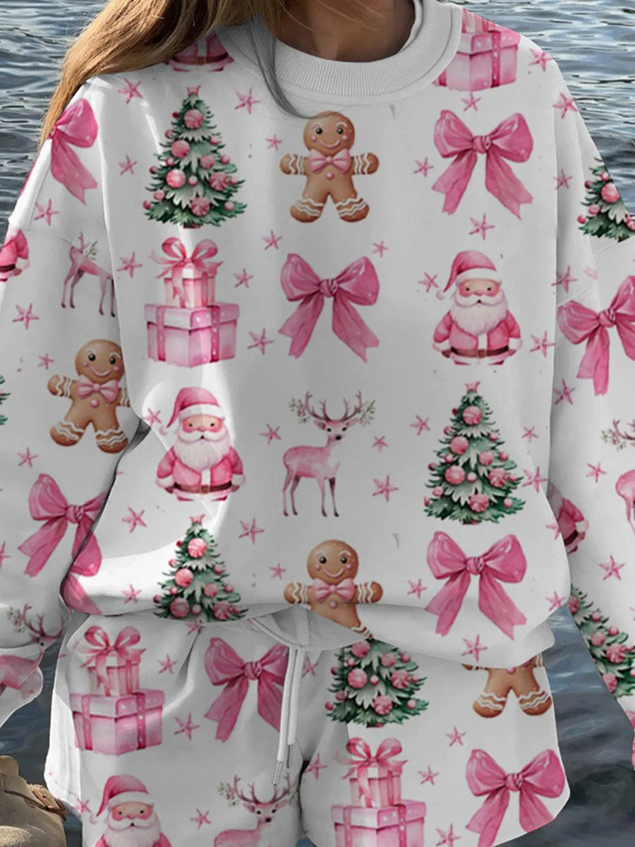 Women's Pink Christmas Print Long Sleeve Lounge Set - Image 2