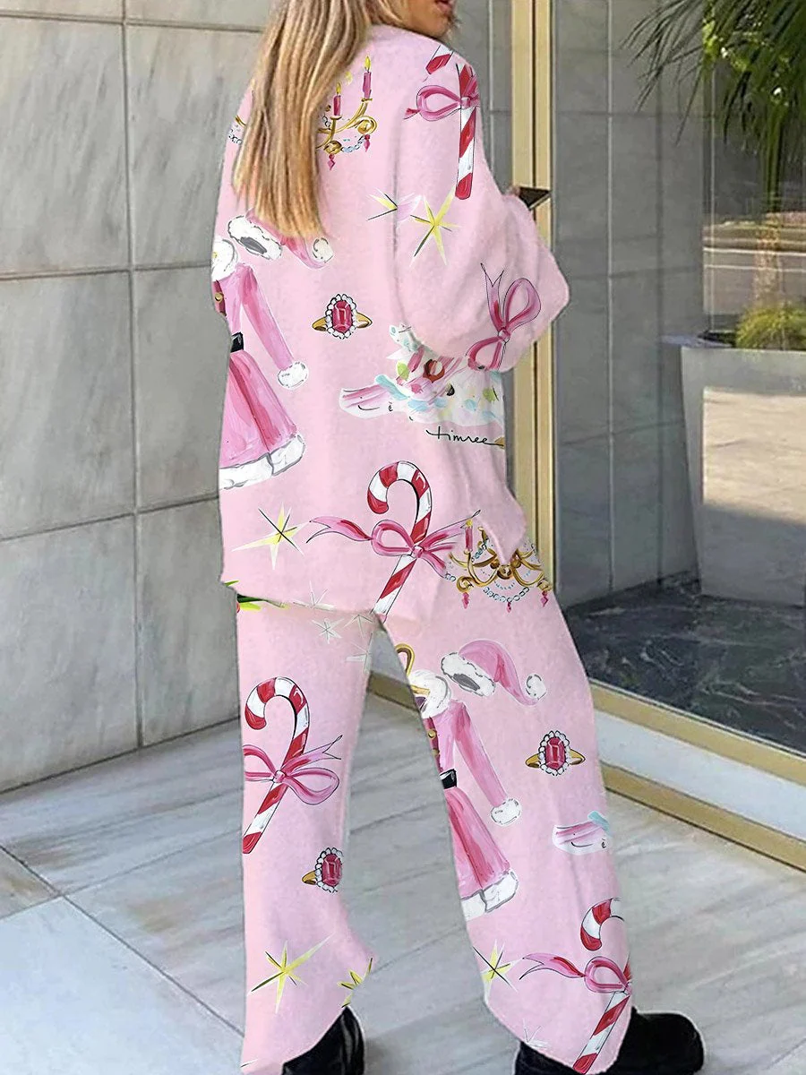 Women's Pink Christmas Print V-Neck Long Sleeve Cotton Suit - Image 2