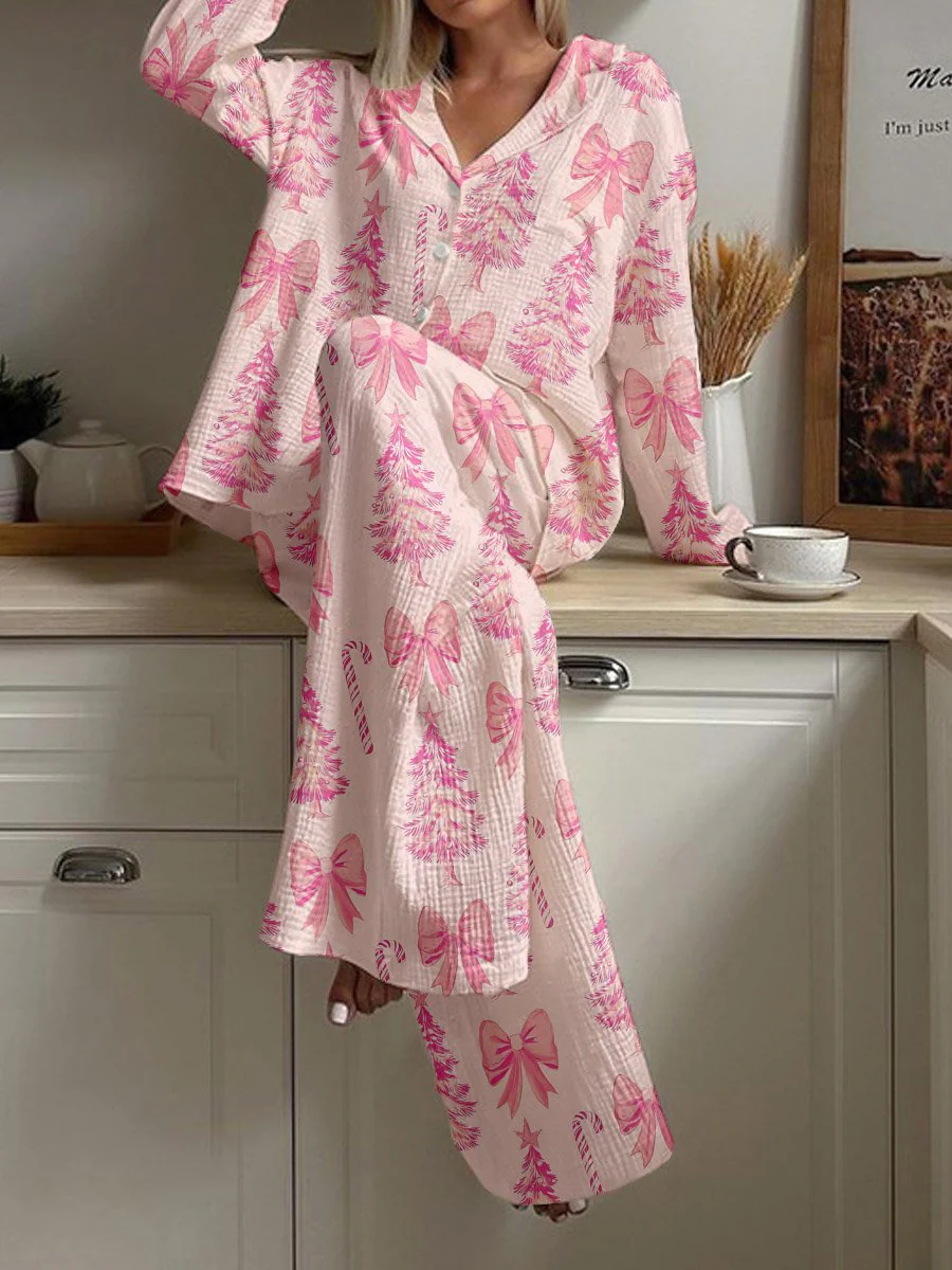 Women's Pink Christmas Tree Bow Print Loose Homewear Set - Image 2