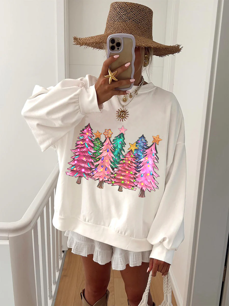 Women's Pink Christmas Tree Printed Home Long Sleeve Sweatshirt - Image 2