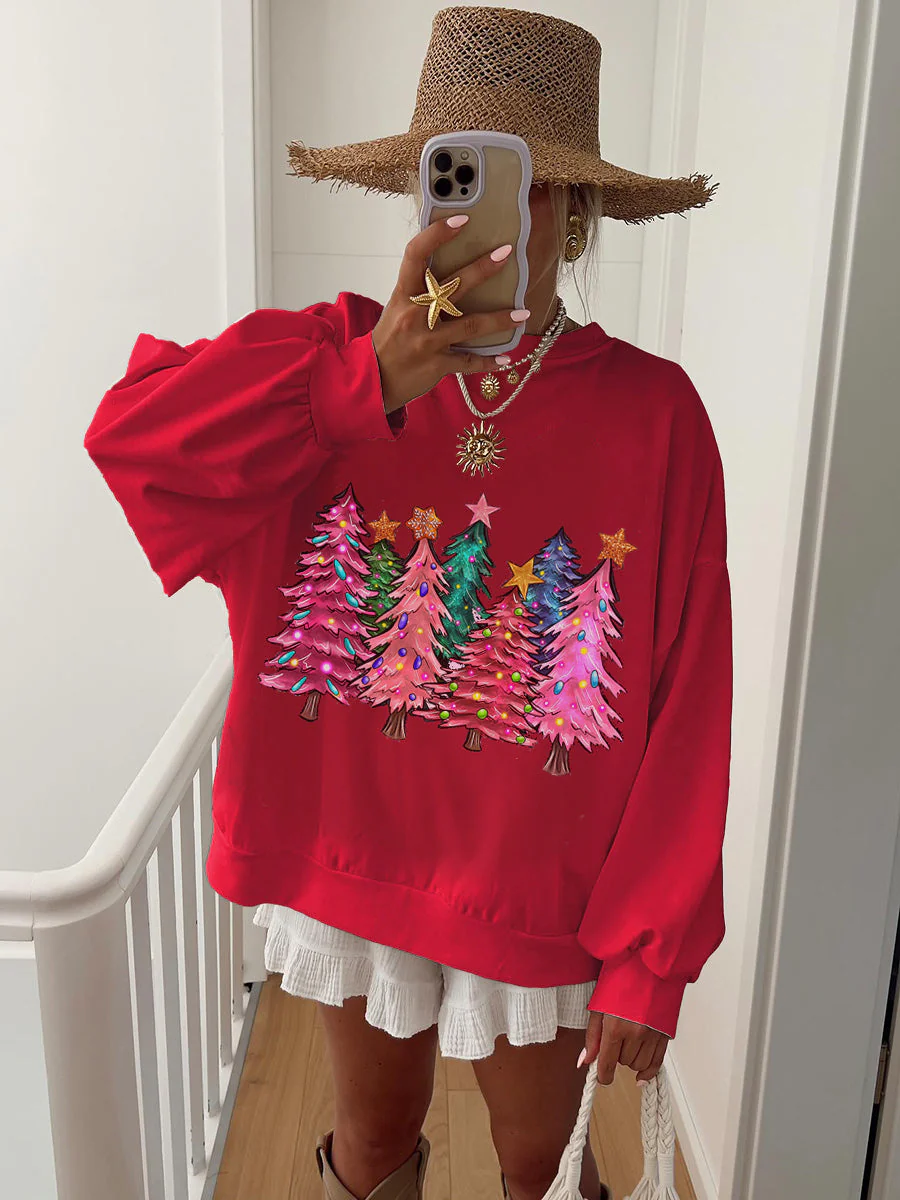 Women's Pink Christmas Tree Printed Home Long Sleeve Sweatshirt - Image 3