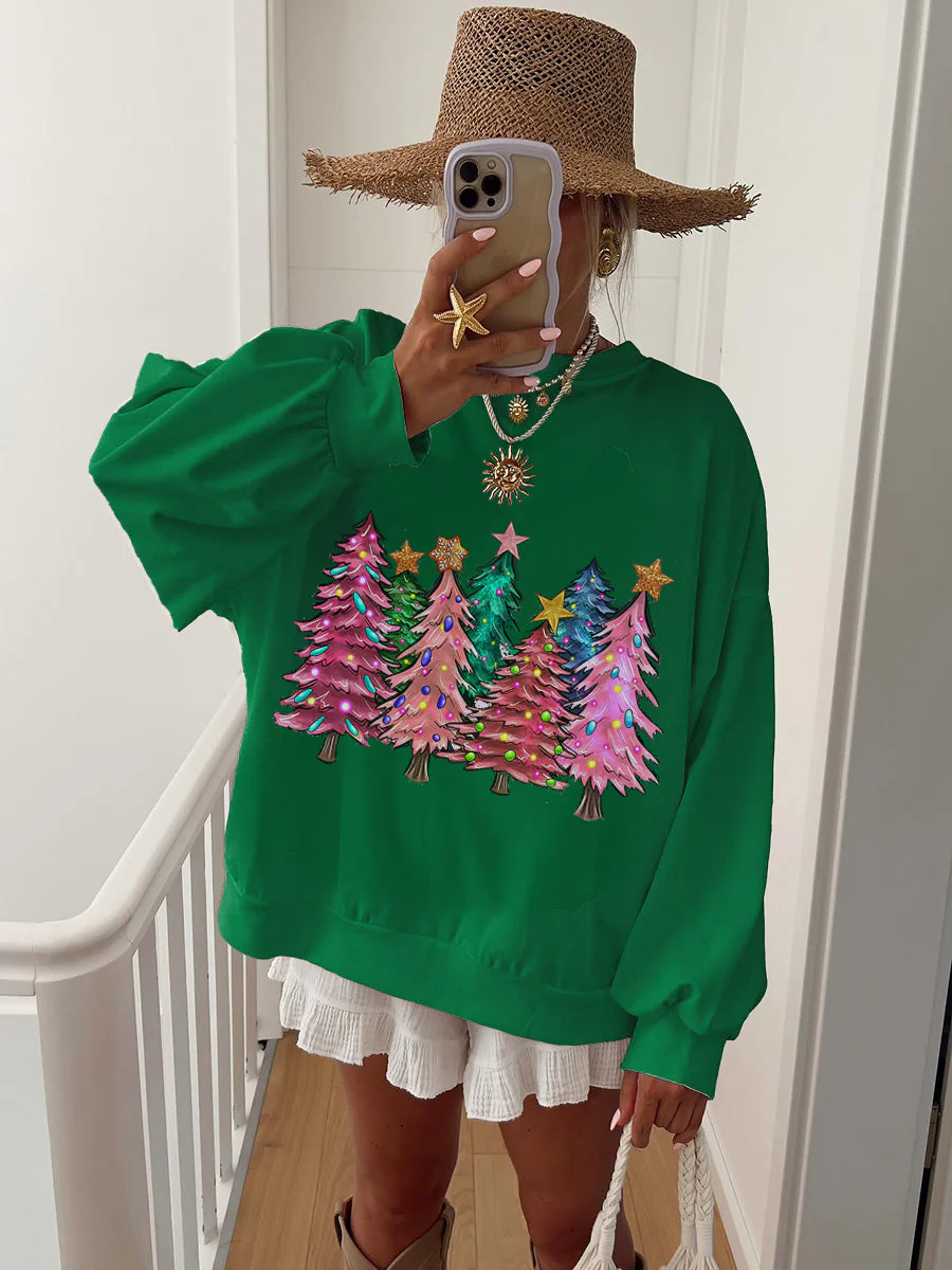 Women's Pink Christmas Tree Printed Home Long Sleeve Sweatshirt - Image 4