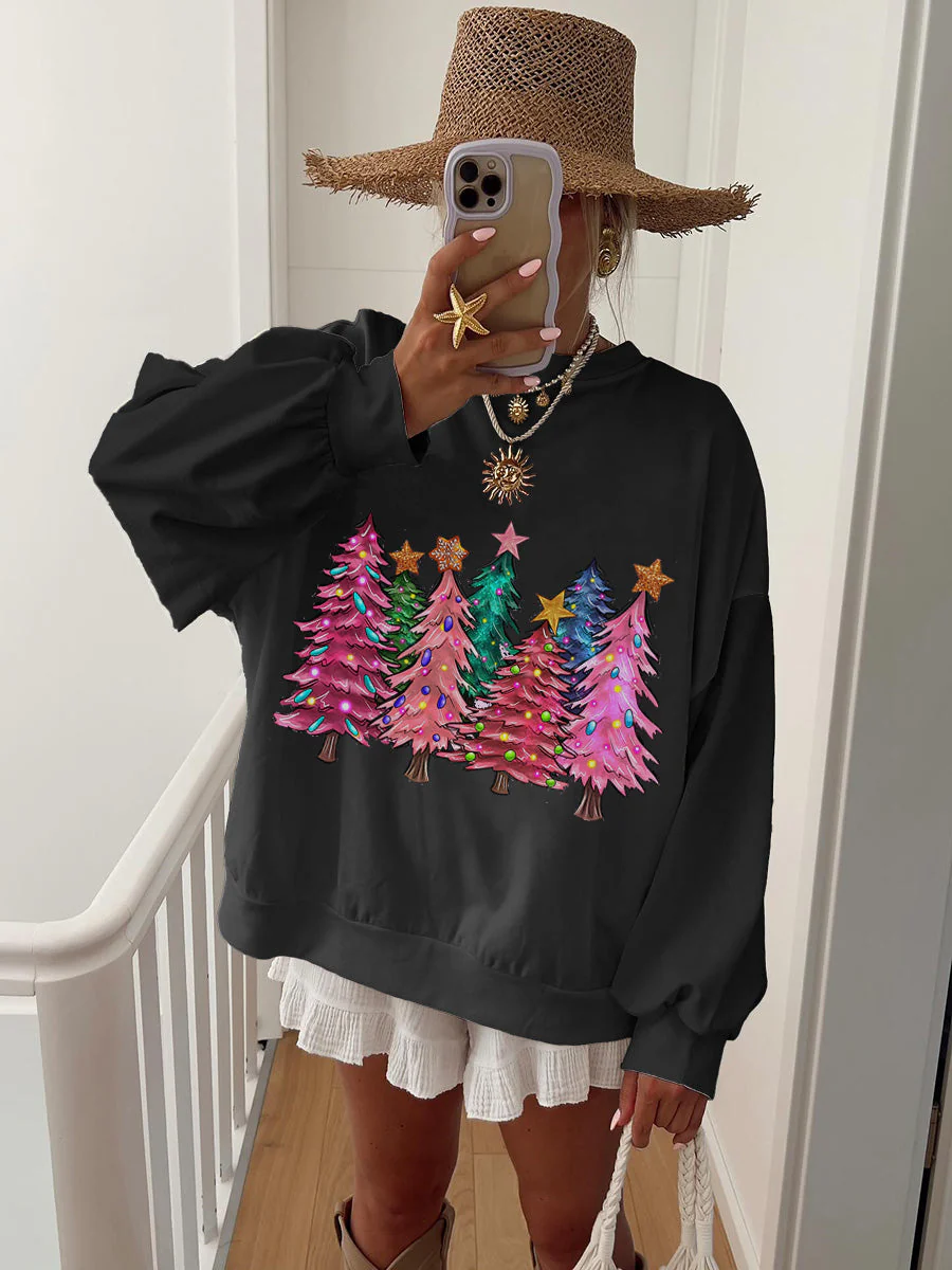 Women's Pink Christmas Tree Printed Home Long Sleeve Sweatshirt - Image 5