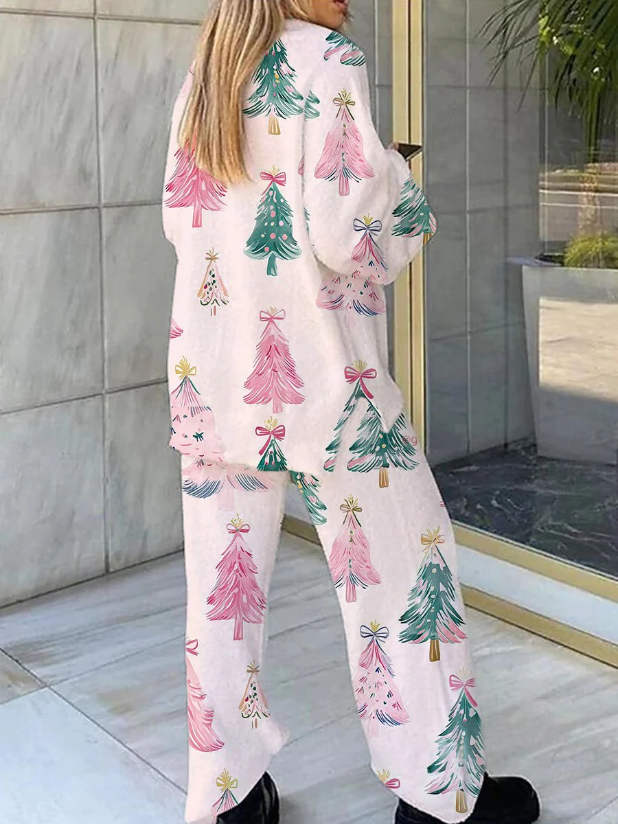 Women's Pink Christmas Tree Printed Rockabilly Pajama Set - Image 2