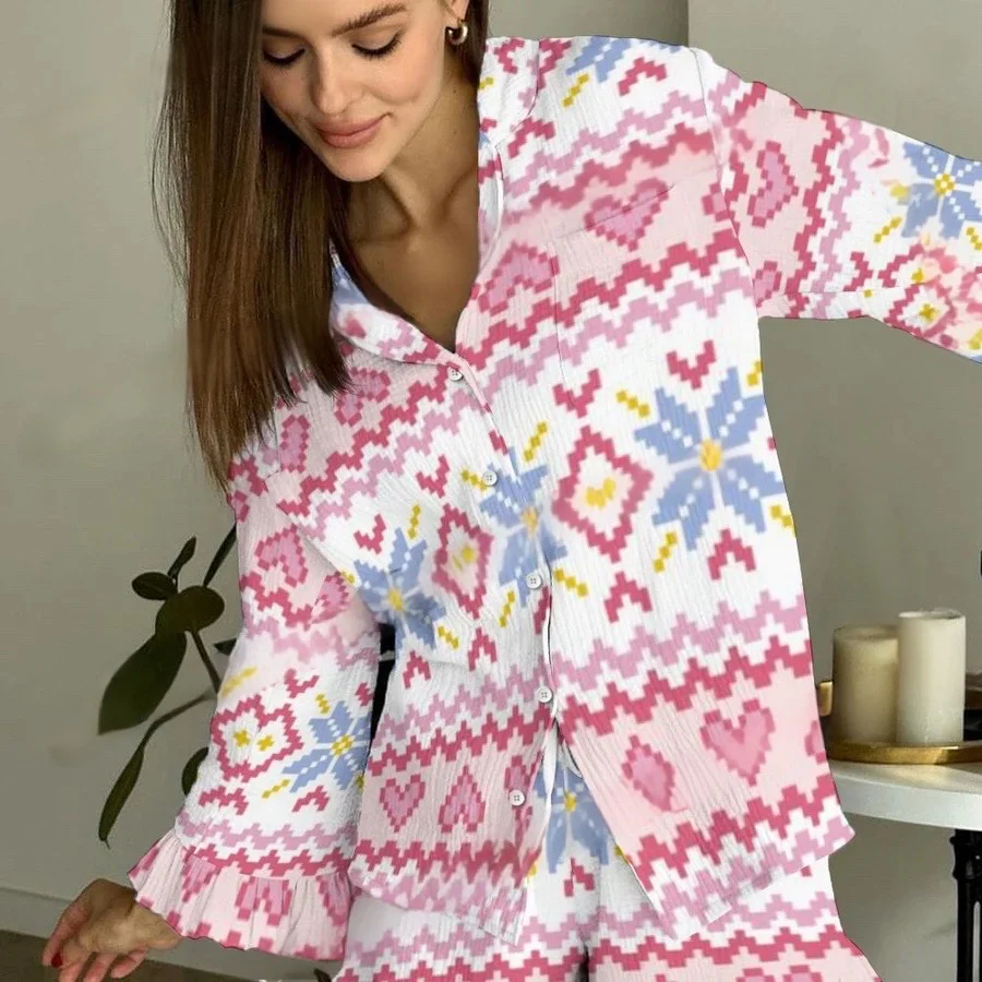 Women's Pink Fair Isle Snowflake Vintage Printed Suit