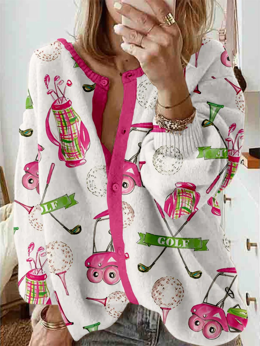 Women's Pink Golf Print Cardigan Sweater