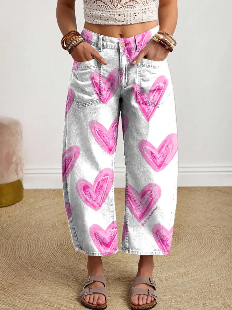 Women's Pink Heart-print Casual And Comfortable Denim Jeans