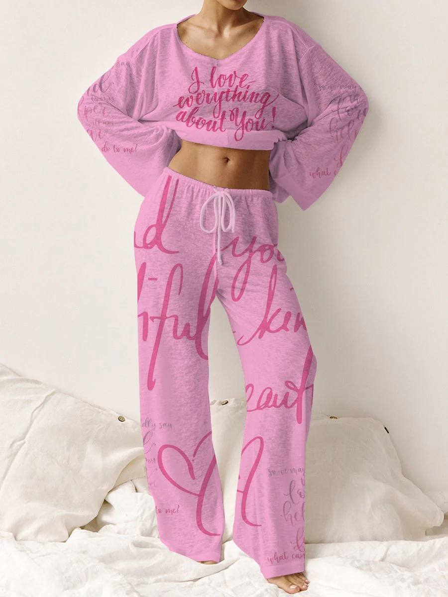 Women's Pink Long Sleeve Cotton Homewear Set - Image 4