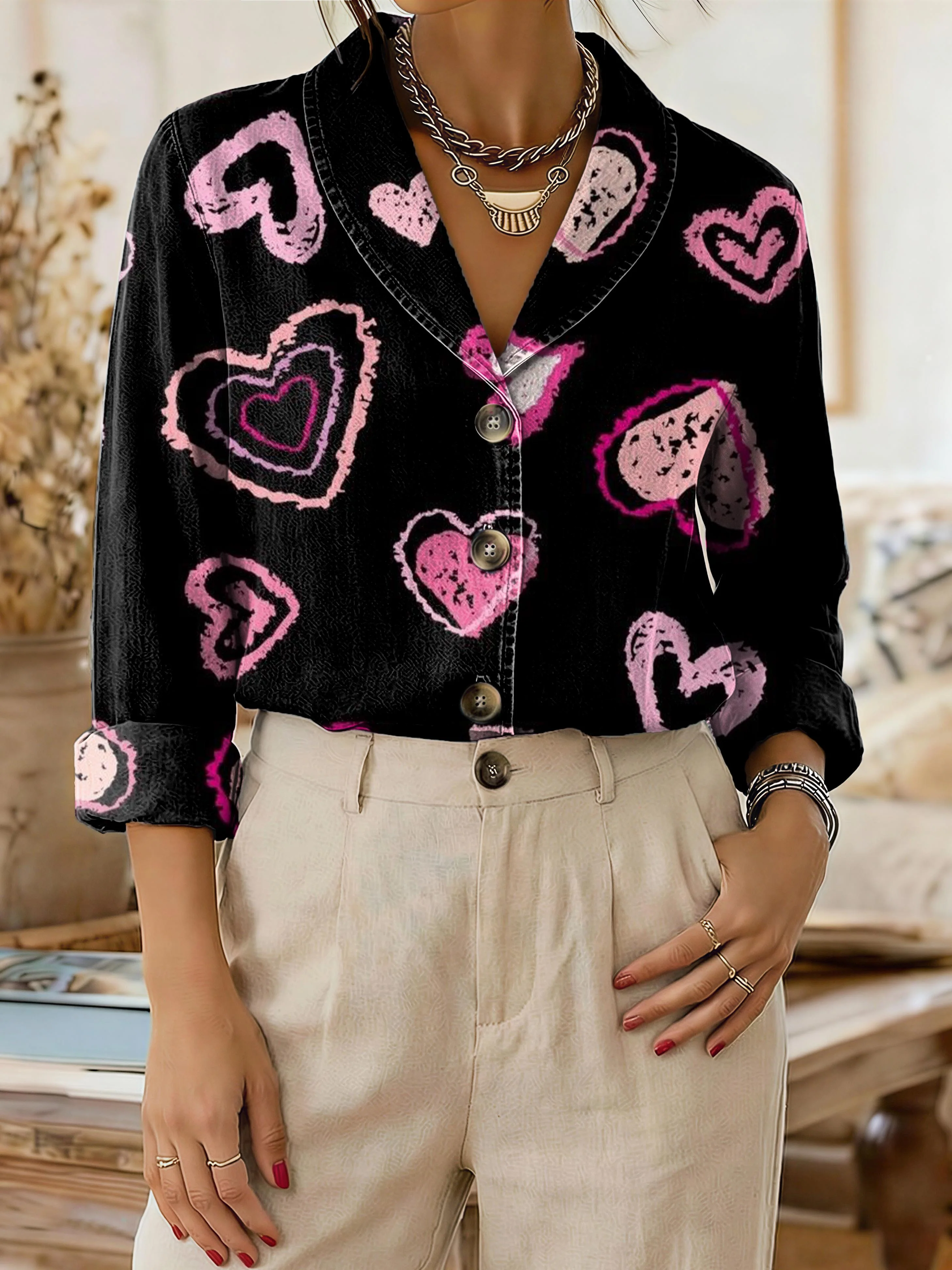 Women's Pink Vintage Heart Art Print Casual Lapel Long-sleeved Washed Cotton Denim Top